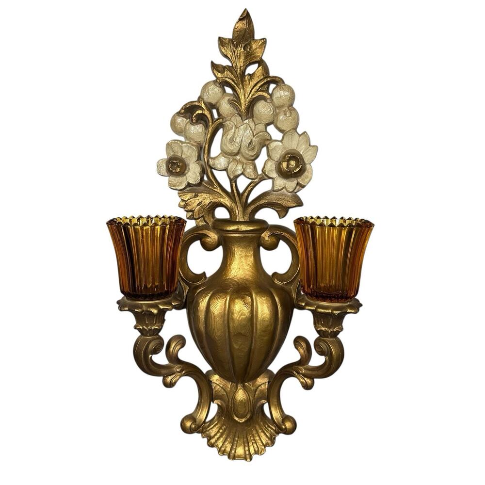 Homco Gold Gilt Vtg 60s MCM Wall Candle Holder Amber Glass Cups Dogwood Flowers